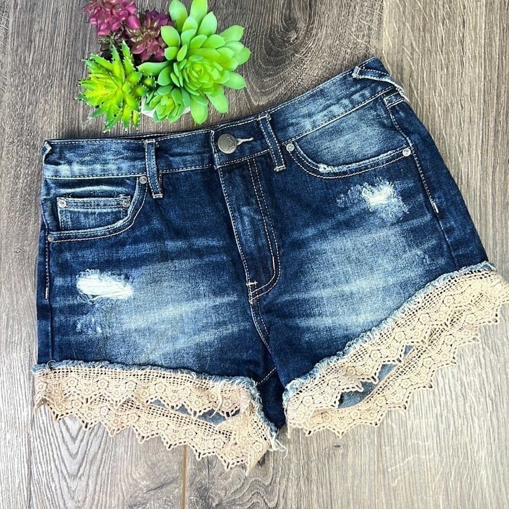 Free People Denim Jean Shorts Lace Hem Distressed 25